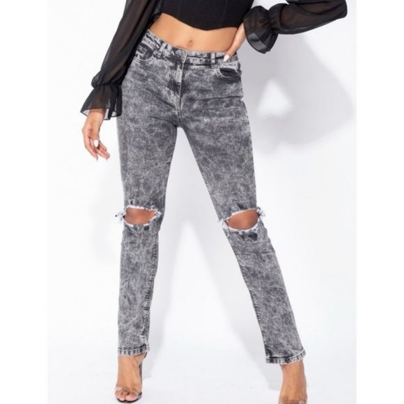 Denim - Gray Acid Wash High Waist Ripped Distressed Straight Leg Jeans Denim Pants